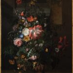 Rachel Ruysch, Roses, Convolvulus, Poppies, and Other Flowers in an Urn on a Stone Ledge, ca. late 1680s, oil on canvas, National Museum of Women in the Arts, Washington DC