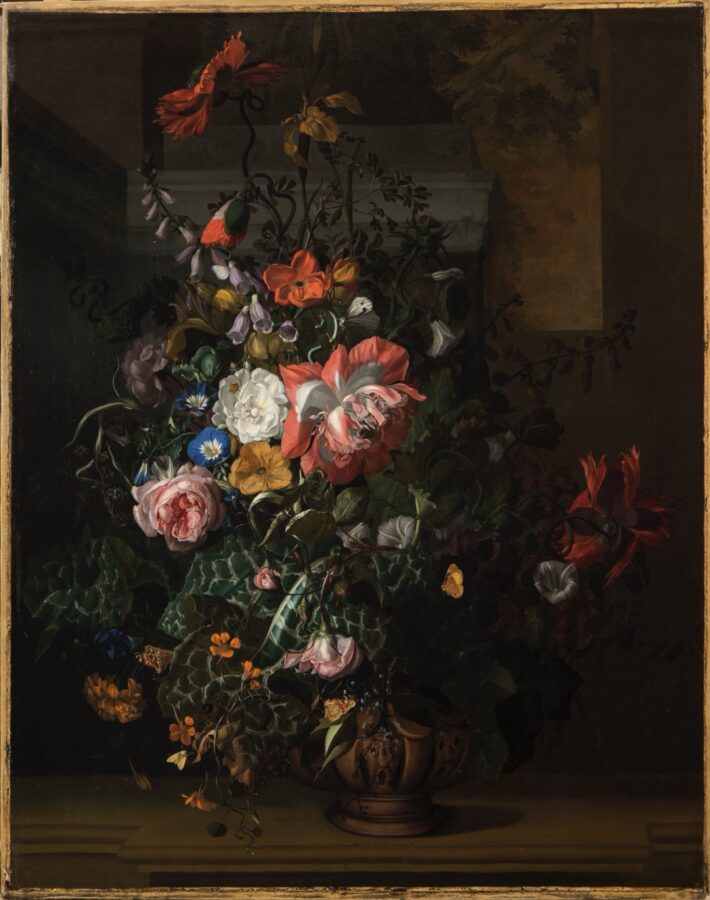 Rachel Ruysch, Roses, Convolvulus, Poppies, and Other Flowers in an Urn on a Stone Ledge, ca. late 1680s, oil on canvas, National Museum of Women in the Arts, Washington DC