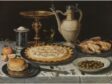 Clara Peeters, Table with a Cloth, Salt Cellar, Gilt Tazza, Pie, Jug, Porcelain Dish with Olives, and Roast Fowl, ca. 1611, oil on panel, Museo Nacional del Prado, Madrid, inv. no. P001622