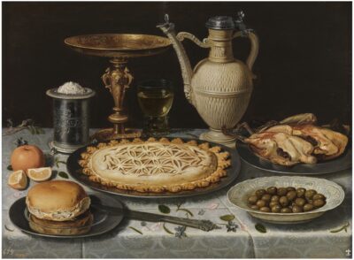 Clara Peeters, Table with a Cloth, Salt Cellar, Gilt Tazza, Pie, Jug, Porcelain Dish with Olives, and Roast Fowl, ca. 1611, oil on panel, Museo Nacional del Prado, Madrid, inv. no. P001622