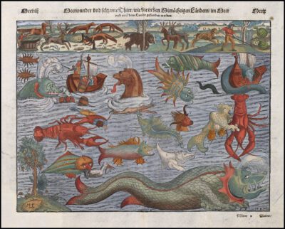 Sebastian Münster, Sea Monsters from Cosmographia (1550), woodcut.