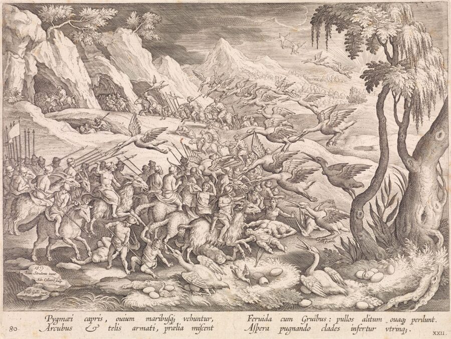 Adriaen Collaert after Johannes Stradanus, Pygmies Fighting Cranes, from Venationes Ferarum, Avium, Piscium (Hunts of Wild Animals, Birds, and Fish), 1578-80 or after, engraving