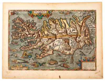 Abraham Ortelius, Iceland from Theatrum orbis terrarium (Antwerp, 1570 ff.), hand-colored engraving