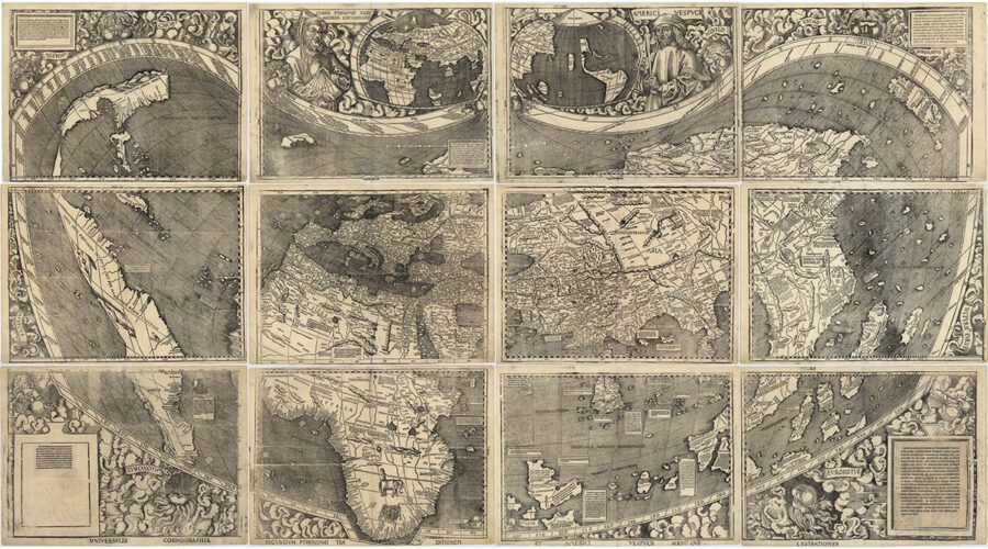 Martin Waldseemüller, World Map (whole; 12 sheets, each 46 x 62 cm.), 1507, woodcut, Library of Congress, Washington