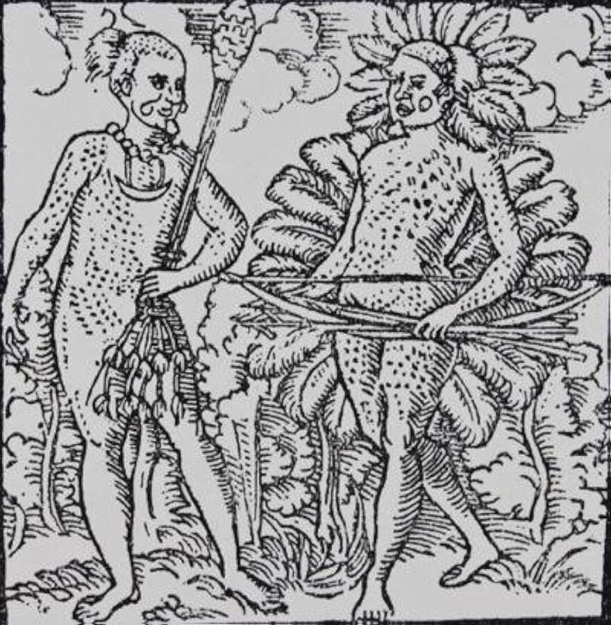 Tupinamba Warriors, Title page of Part II, Hans Staden, True History: An Account of Cannibal Captivity in Brazil, (Marburg: Andreas Koble, 1557), woodcut