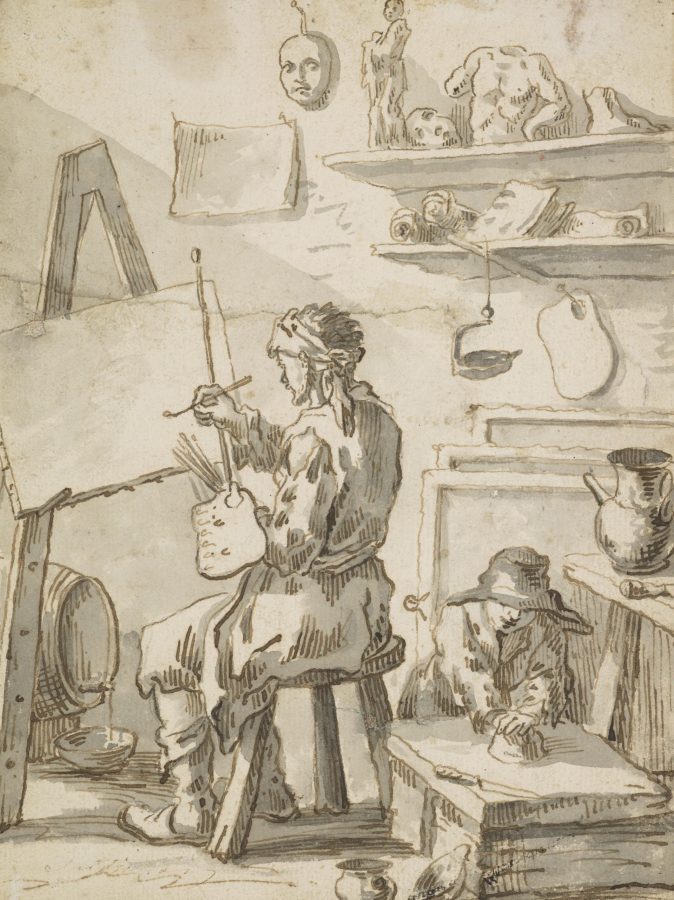Andries Both, A Painter and His Assistant in the Studio, ca. 1640. Pen, brown ink and gray wash on paper, Scottish National Gallery of Modern Art (Modern Two), Edinburgh, inv. No. D 4846