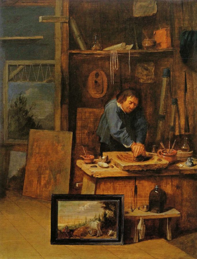 David Ryckaert III, Paint Making in a Painter’s Studio, ca. 1635–1638, oil on panel, Stadtgeschichtliches Museum, Wismar