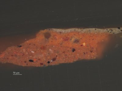 Cross-section, The Incredulity of Thomas (fig. 3), detail showing copper blue pigment in first ground (R60-3) (photo: Arie Wallert)