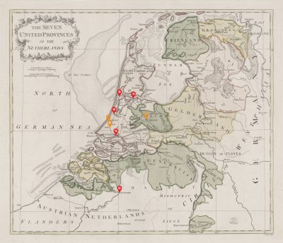 Map of known (red) and proposed (orange) cities with professional primers. Author map based on John Lodge [I] and John Lodge [II], The Seven Provinces of the Netherlands, ca. 1780, hand-colored engraving, Rijksmuseum, Amsterdam