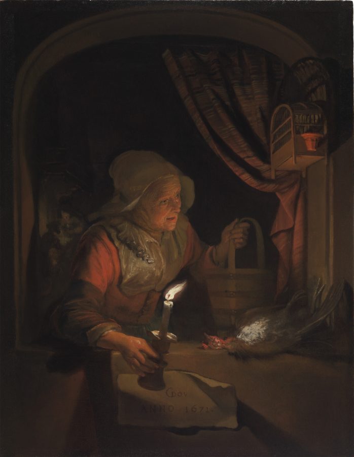Gerrit Dou, Old Woman at a Window with a Candle, 1671, oil on panel, The Leiden Collection, New York