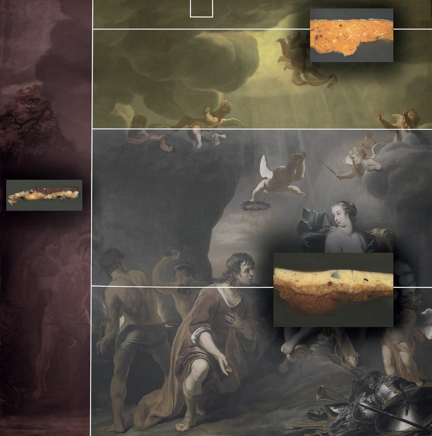 Bol, Aeneas Receiving a New Set of Armor from Venus (fig. 16), schematic rendering of the five canvas strips and cross sections, showing their different grounds