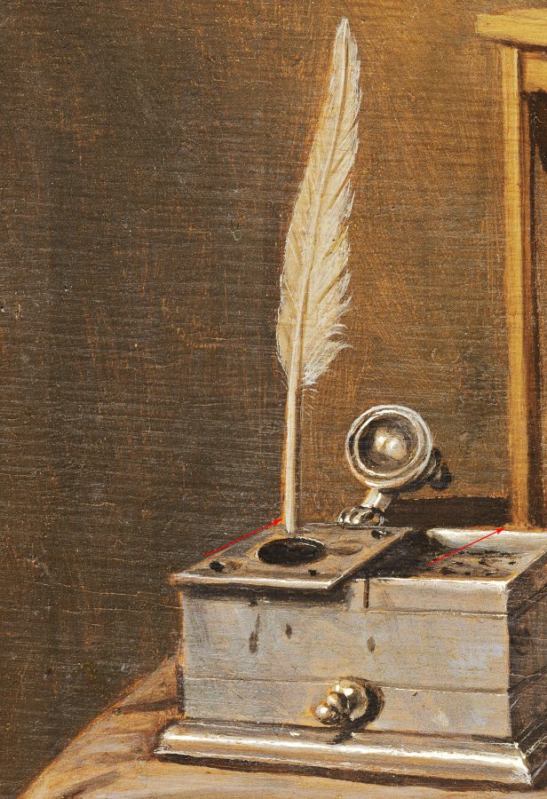 Edwaert Collier, Vanitas Still Life (fig. 1), with arrows indicating where the upper ground layer is visible around the contours of the object.