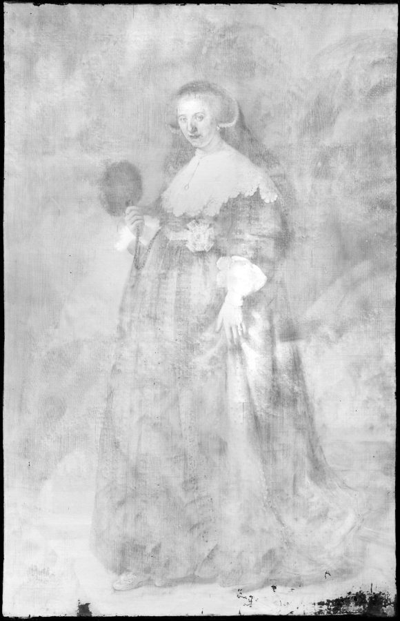 XRF lead-distribution (Pb-L) of Rembrandt van Rijn, Portrait of Oopjen Coppit (fig. 2), associated with lead white in the ground layer and the paint