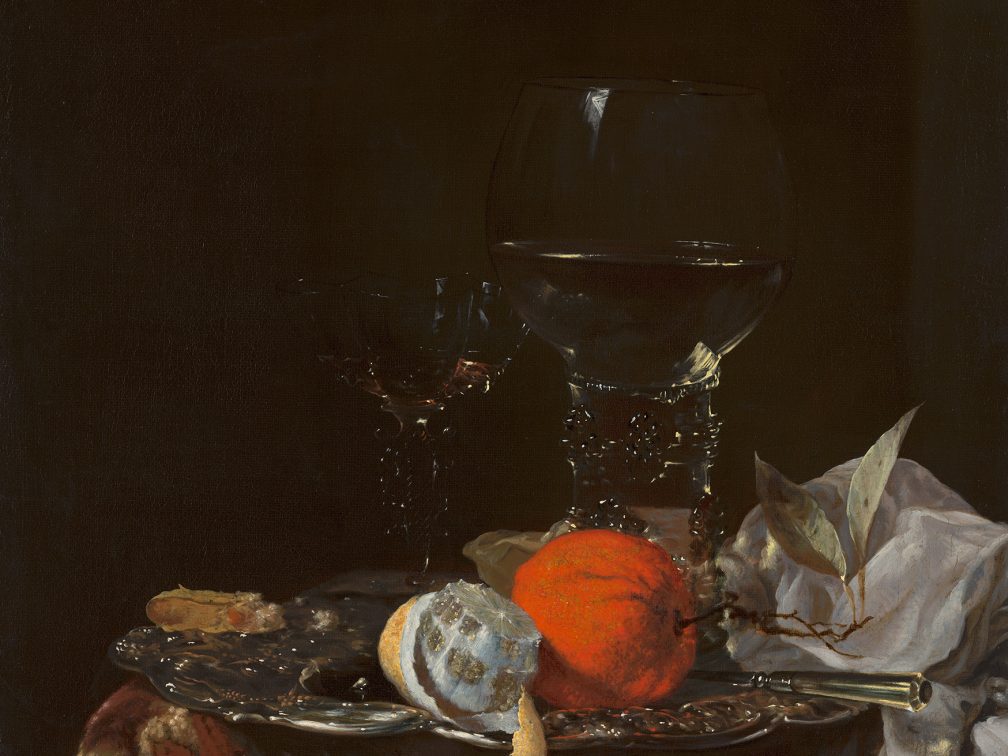 Willem Kalf, Still Life with Fruit and Wineglasses on a Silver Plate, ca. 1659–1660, oil on canvas, Mauritshuis, The Hague
