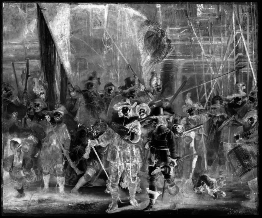 Rembrandt van Rijn, The Night Watch (fig. 4), calcium-distribution XRF image (Ca-K), showing the compositional sketch made with light-colored, chalk-rich paint