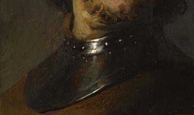 Rembrandt, The Laughing Man (fig. 9), detail showing the gold leaf layer shimmering through the thin paint in the background and gorget (Image: Petria Noble)