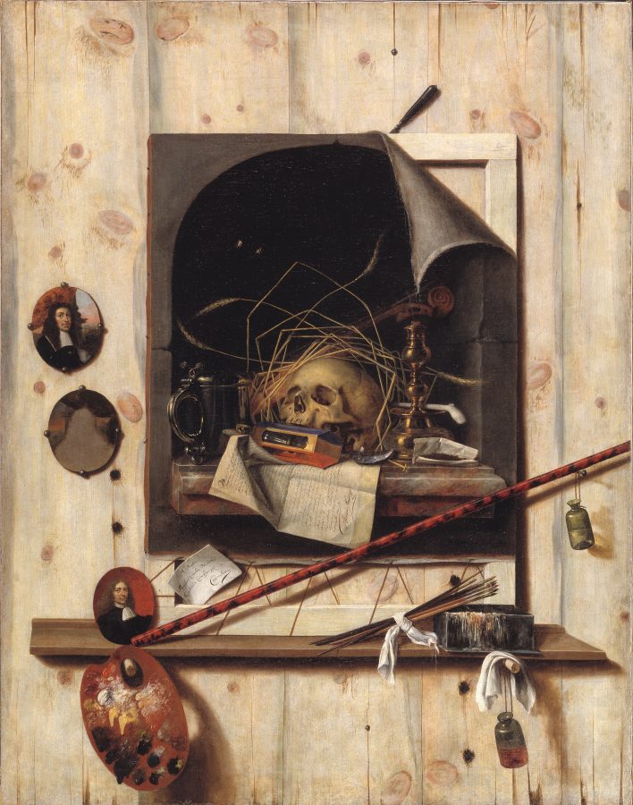 Cornelius Norbertus Gijsbrechts, Trompe l&rsquo;oeil with Studio Wall and Vanitas Still Life, 1668, oil on canvas, Statens Museum for Kunst (SMK), Copenhagen