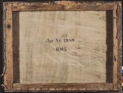 Cornelius Nobertus Gijsbrechts, Trompe l&rsquo;oeil: The Reverse of a Framed Painting. 1668&ndash;1672, oil on canvas, Statens Museum for Kunst (SMK), Copenhagen, Verso of the painting photographed in 1979 before conservation treatment