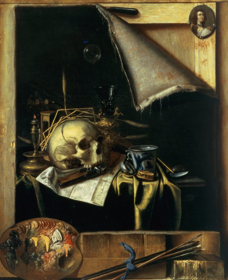 Cornelius Norbertus Gijsbrechts, Trompe l&rsquo;oeil Studio Wall with a Vanitas Still Life, 1664, oil on canvas, Ferens Art Gallery, Hull