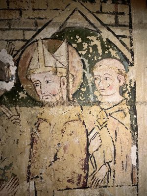 Unknown Artist, The Consecration of Saint Maurille by Saint Martin (bay 1), from the Story of Saint Maurille, ca. 1270&ndash;1280, oil on wall, Cath&eacute;drale Saint-Maurice, Angers