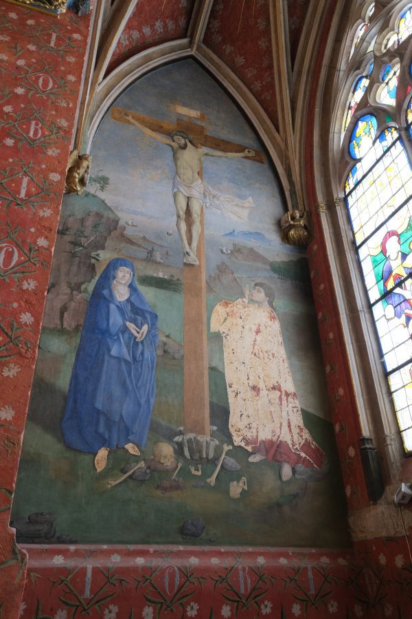 Netherlandish painter (possibly Henri de Vulcop), Crucifixion, ca. 1475, oil on wall, Cath&eacute;drale Saint-&Eacute;tienne, Bourges
