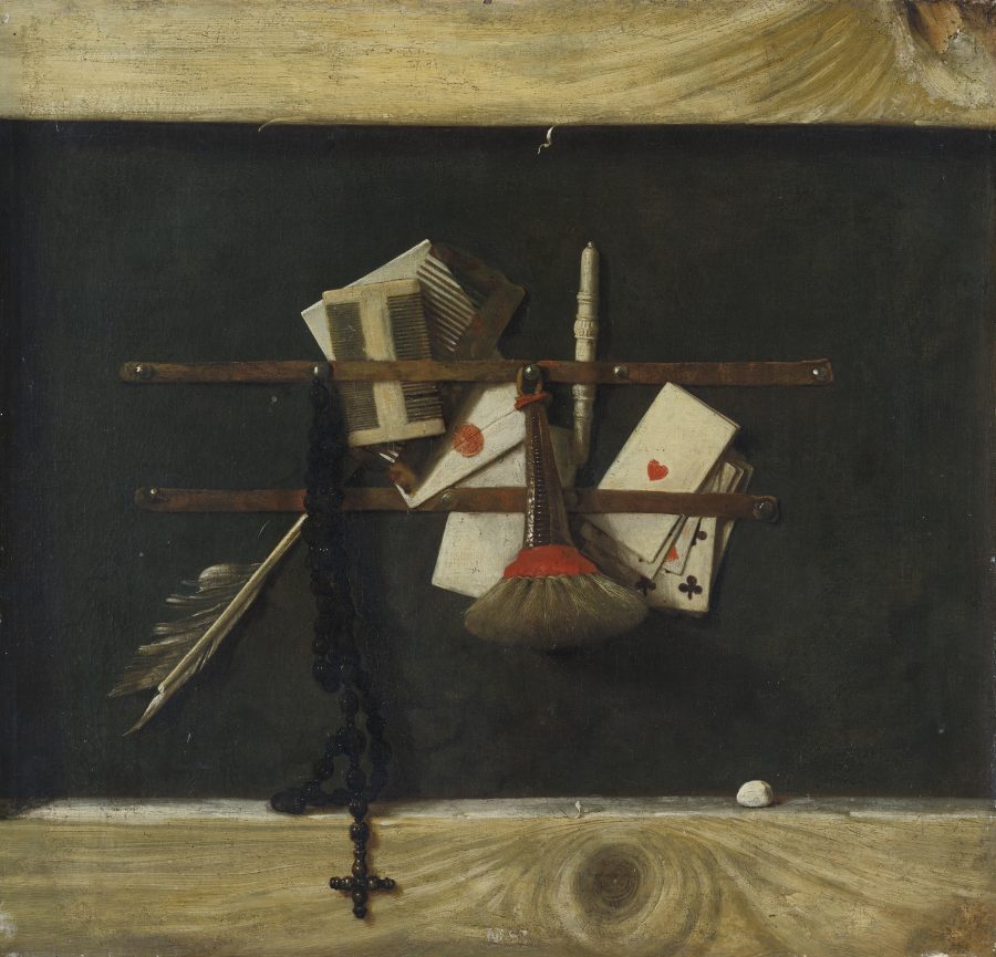 Samuel van Hoogstraten, Trompe l&rsquo;oeil Still Life of a Letter Rack with a Rosary and Playing Cards, 1651&ndash;1654, oil on canvas, Burgalerie, Prague
