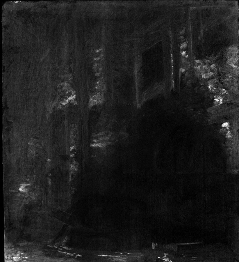 MA-XRF distribution map of the original painting Ryckhals, Boy Sleeping in a Barn (fig. 5).&nbsp;Lighter tones are areas with a high mercury signal (HgL)