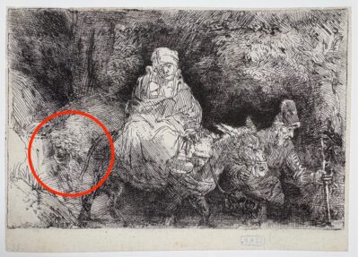 Rembrandt van Rijn, The Flight into Egypt: Crossing a Brook, 1654, etching, drypoint, and burin on laid paper (B55, only state), Fondation Custodia, Collection Frits Lugt, Paris