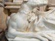 Fig. 33 - Detail of dog and fur-trimmed coat from the Effigy of Margaret of Bourbon, 1526–1528, alabaster, Monastère royal de Brou, Bourg-en-Bresse