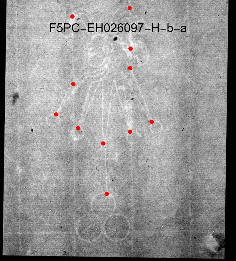 Overlay GIF with marked watermark locations (indicated with red dots) of Foolscap with Five-Pointed Collar watermarks H.b.a and H.b.b. from Dietz Dataset entries EH 026097 and EH026096