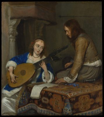 Fig. 102 - Gerard ter Borch, A Woman Playing the Theorbo-Lute and a Cavalier, ca. 1658, oil on panel, The Metropolitan Museum of Art, New York