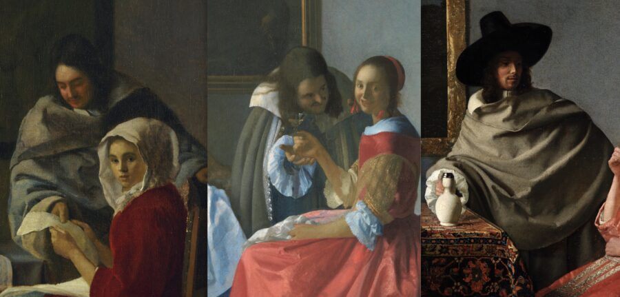 Fig. 48 - Left: Vermeer, A Woman Interrupted at Her Music (fig. 2), detail of cape. Center: Vermeer, A Woman with a Wineglass (fig. 3), detail of cape. Right: Unidentified artist, The Glass of Wine (fig. 1), detail of cape (not shown to scale with each other)