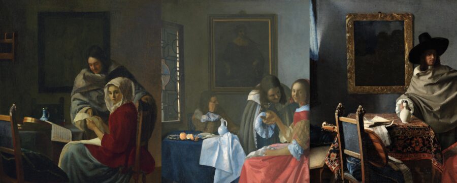 Fig. 49 - Left: Vermeer, Girl Interrupted at Her Music (fig. 2), detail of relationship between table and painting. Center: Vermeer, A Woman with a Wineglass (fig. 3), detail of relationship between table and painting. Right: Unidentified artist, The Glass of Wine (fig. 1), detail of relationship between table and painting