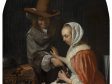 Fig. 54 - Frans van Mieris, A Man and Woman with Two Dogs (“Teasing the Pet”), 1660, oil on panel (arched top), Mauritshuis, The Hague