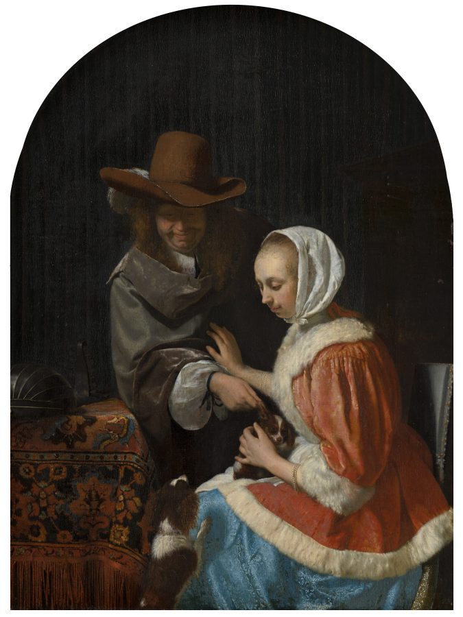 Fig. 54 - Frans van Mieris, A Man and Woman with Two Dogs (“Teasing the Pet”), 1660, oil on panel (arched top), Mauritshuis, The Hague